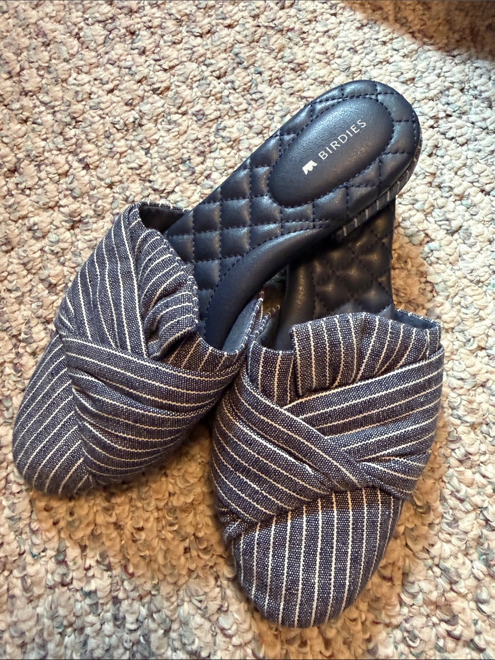 Birdies Navy and White Striped Quilted-Insole Mules